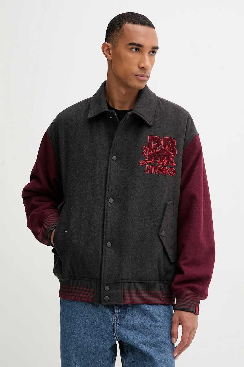 Vlnená bomber bunda HUGO šedá farba, prechodná, 50549448