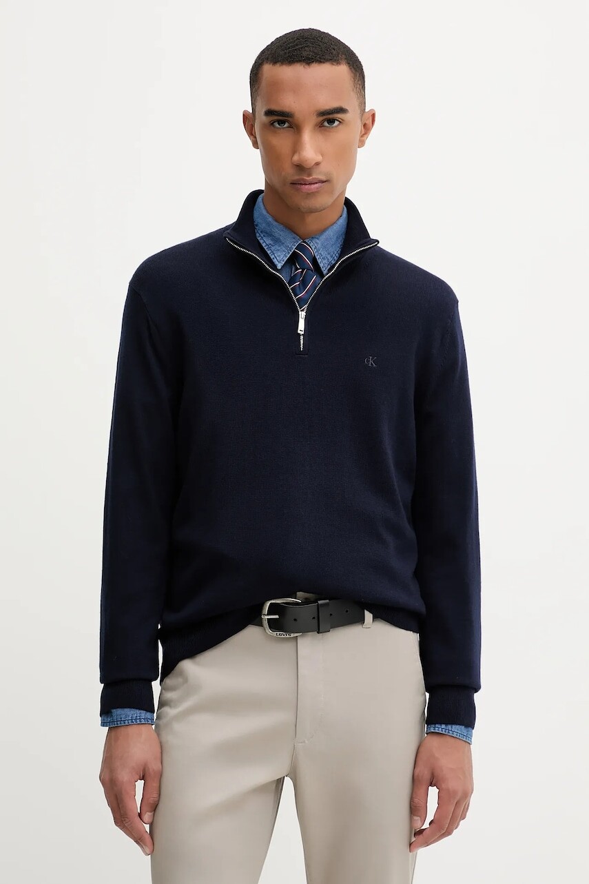 Vlnený sveter Calvin Klein tmavomodrá farba, ľahký, s polorolákom, LV04LD318G
