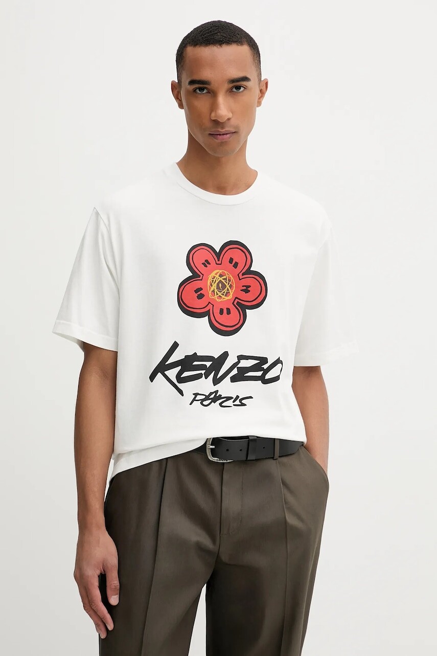 Bavlnené tričko Kenzo pánske, biela farba, s potlačou, FF65TS2654SG