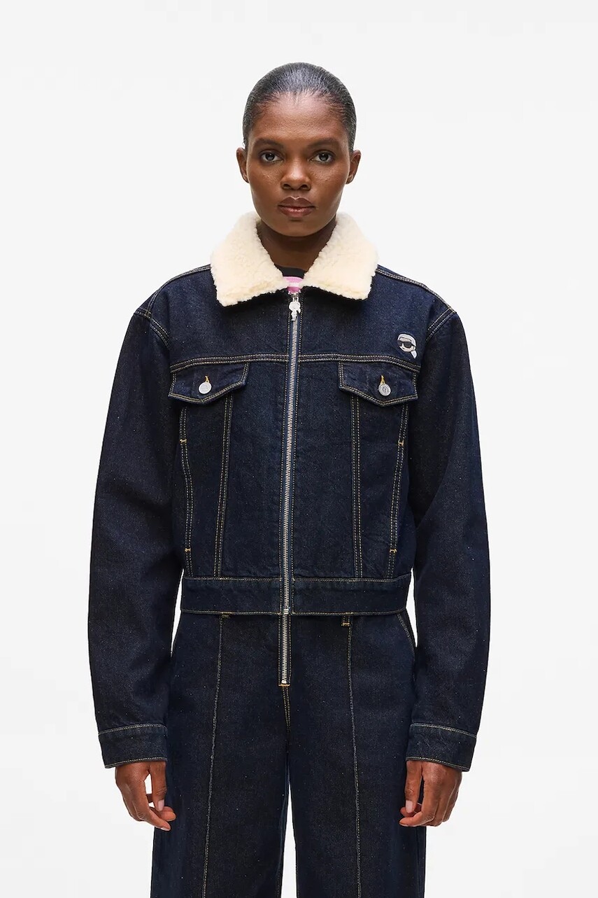 Bavlnená rifľová bunda Karl Lagerfeld tmavomodrá farba, prechodná, A4W14025