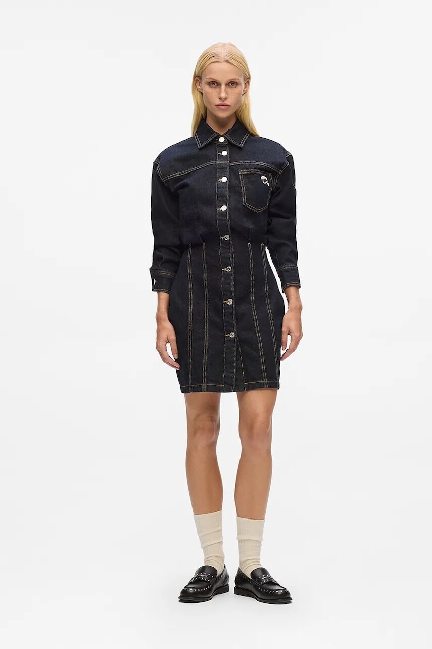 Rifľové šaty Karl Lagerfeld tmavomodrá farba, mini, rovný strih, A4W13019