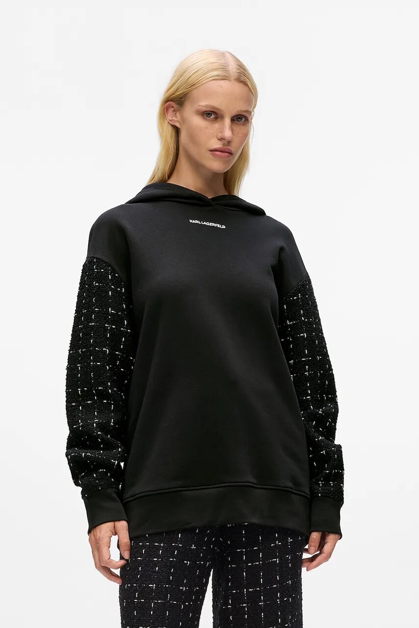 Mikina s prímesou vlny Karl Lagerfeld čierna farba, s kapucňou, s nášivkou, A4W20064