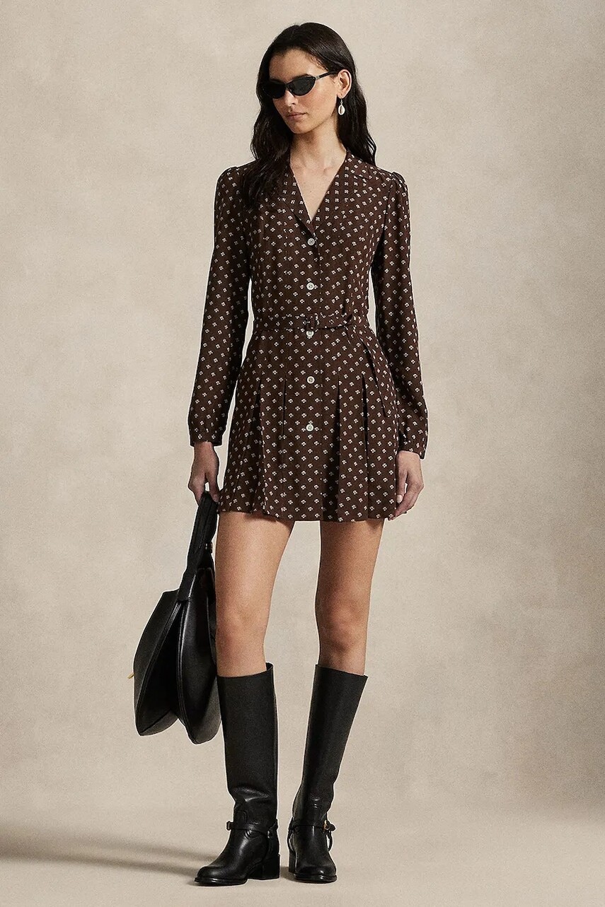 Hodvábne šaty Polo Ralph Lauren hnedá farba, mini, áčkový strih, 211972072