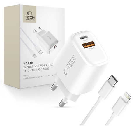 Tech-Protect NCA30 sieťová nabíjačka 30W PD QC + kábel Lightning, biela
