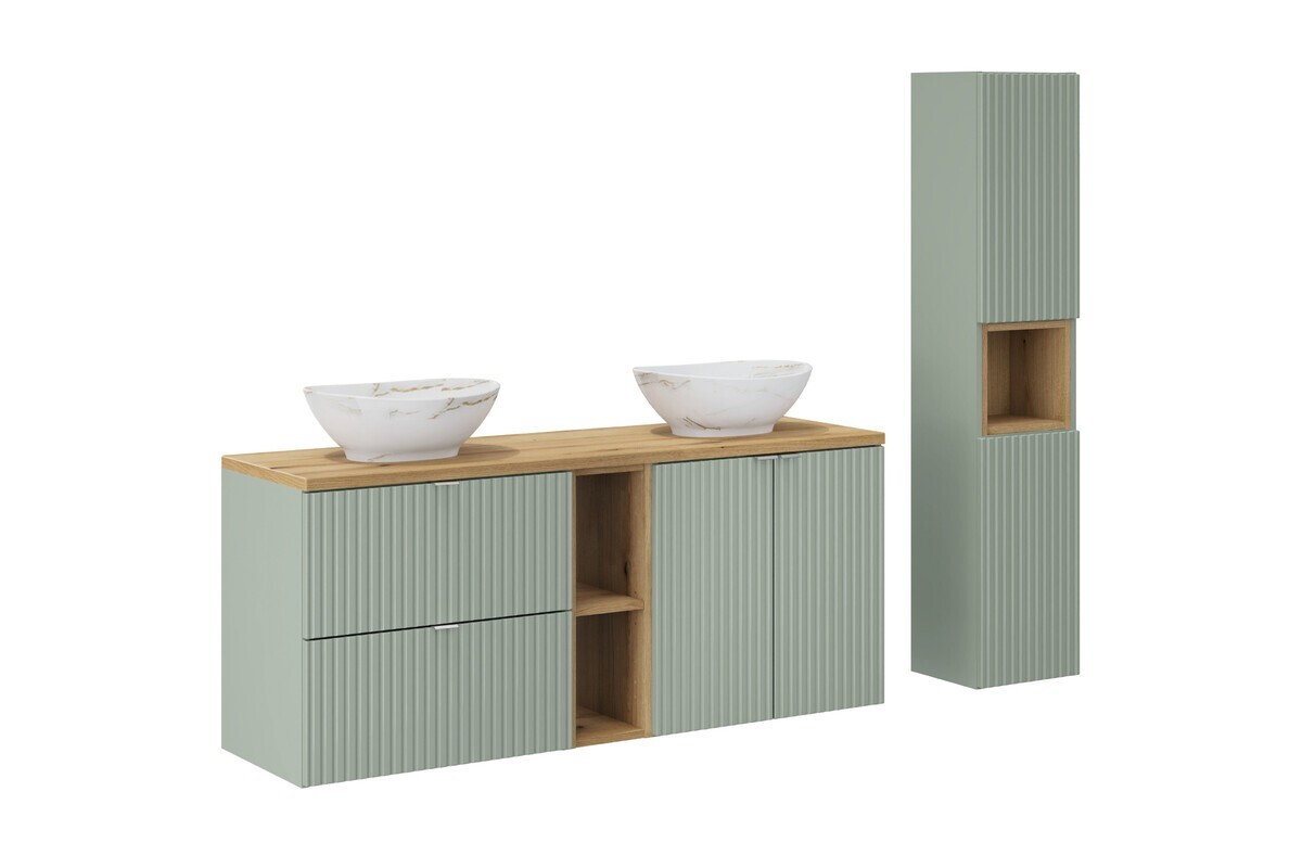 Koupelnová sestava Line Reed Green se skřínkami a umyvadly 140 cm zelená/dub evoke