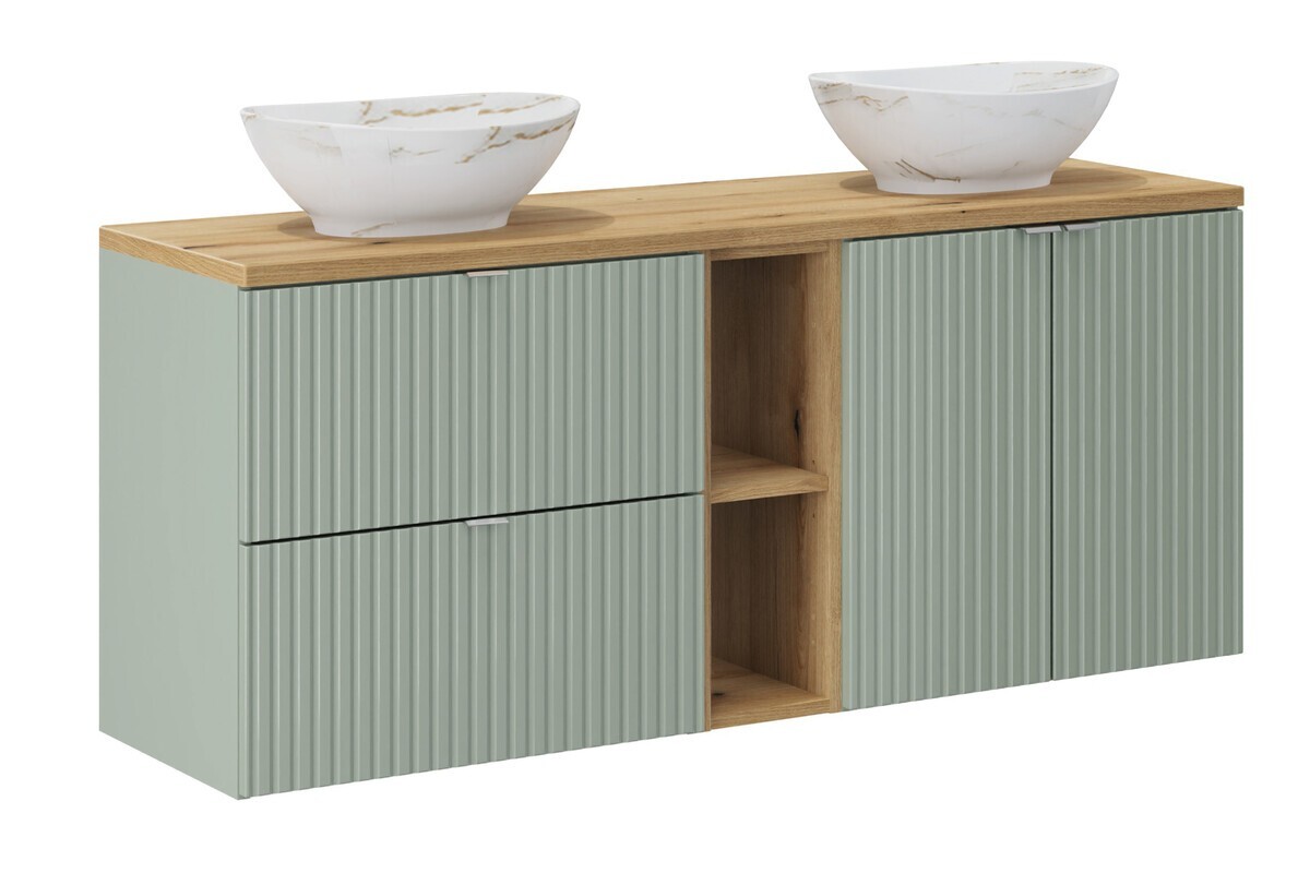 Závěsná skříňka Line Reed Green s deskou a umyvadly 140 cm zelená/dub evoke