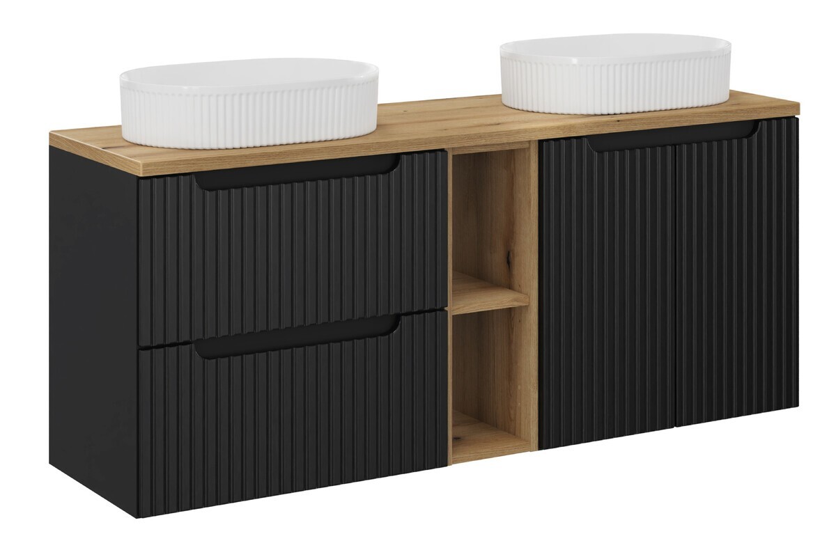 Závěsná skříňka Nova Black s deskou a umyvadly 140 cm černá/dub evoke