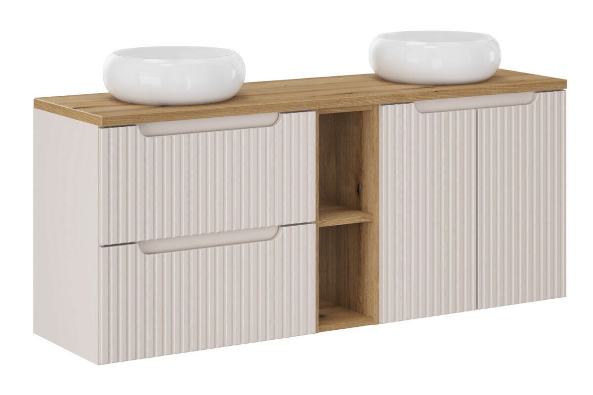 Závěsná skříňka Nova Cashmere s deskou a umyvadly 140 cm kašmírová/dub evoke