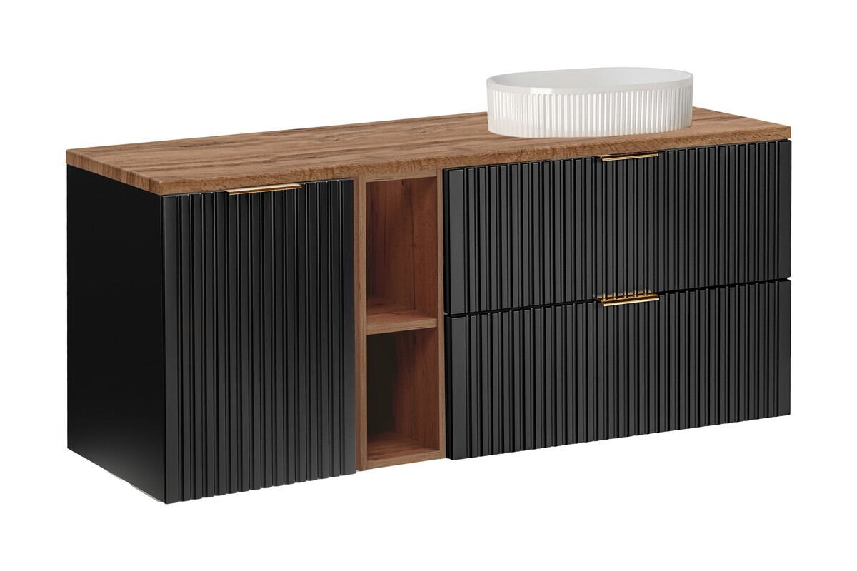 Závěsná skříňka pod umyvadlo Casad s deskou a umyvadlem 140 cm černá/dub wotan