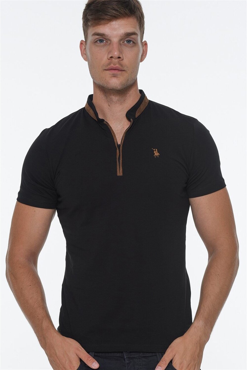 T8571 DEWBERRY ZIPPER MEN'S T-SHIRT-BLACK