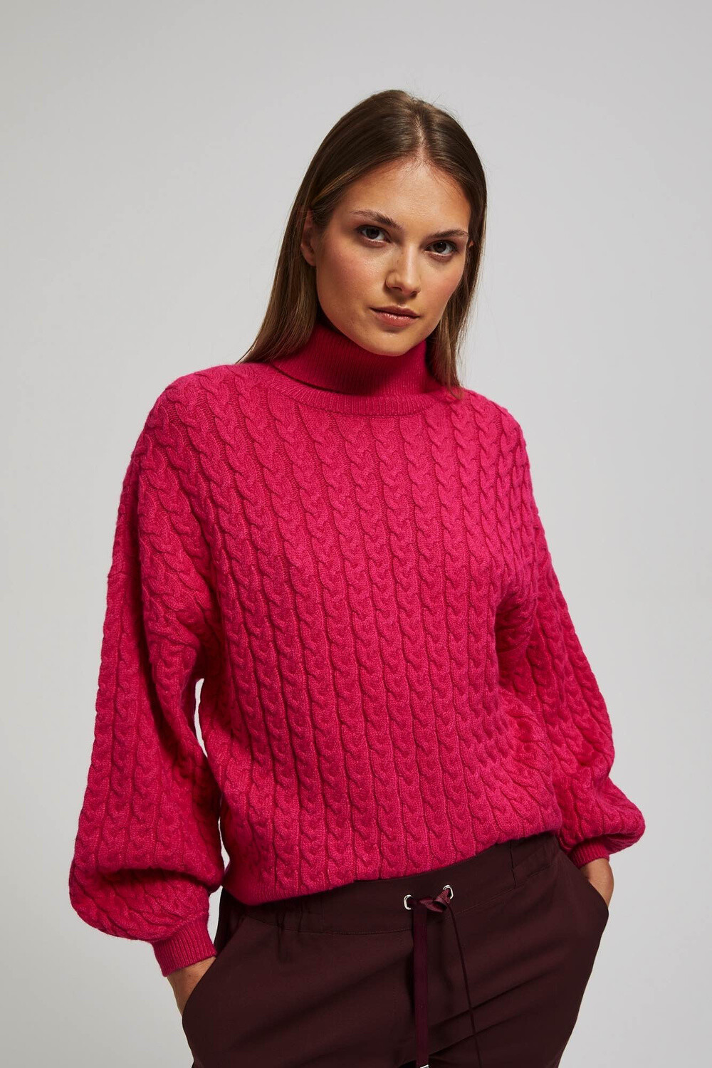 Marisse Fuchsia Turtleneck Sweater With Puffed Sleeves