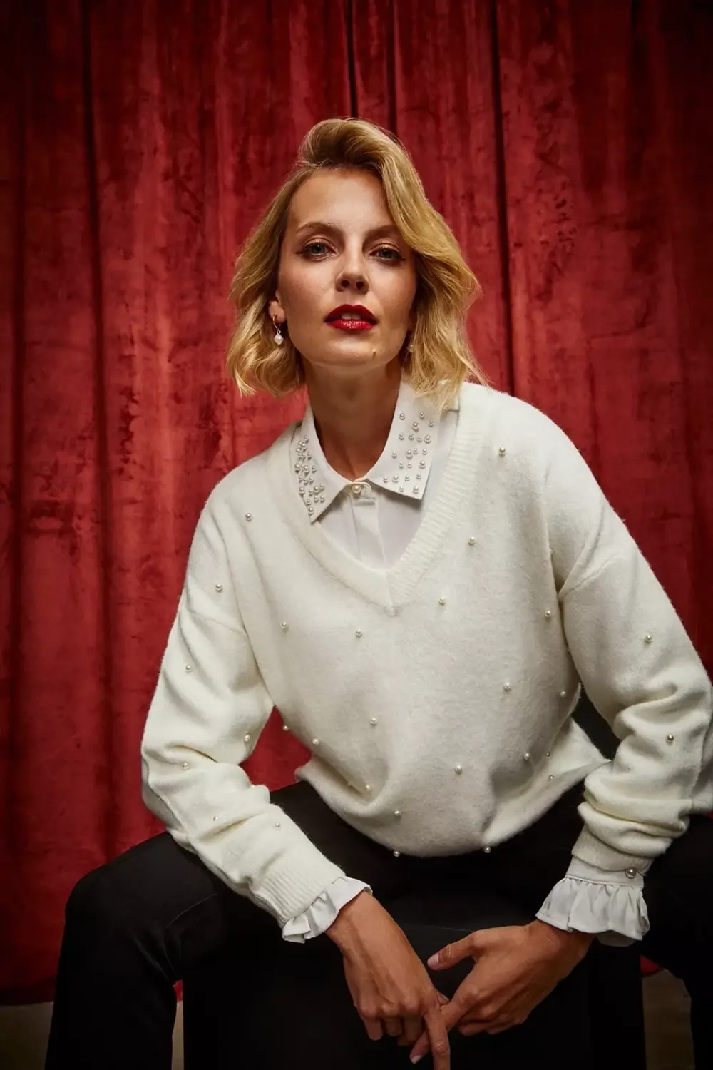 Marisse Pearl Beaded V-Neck Sweater