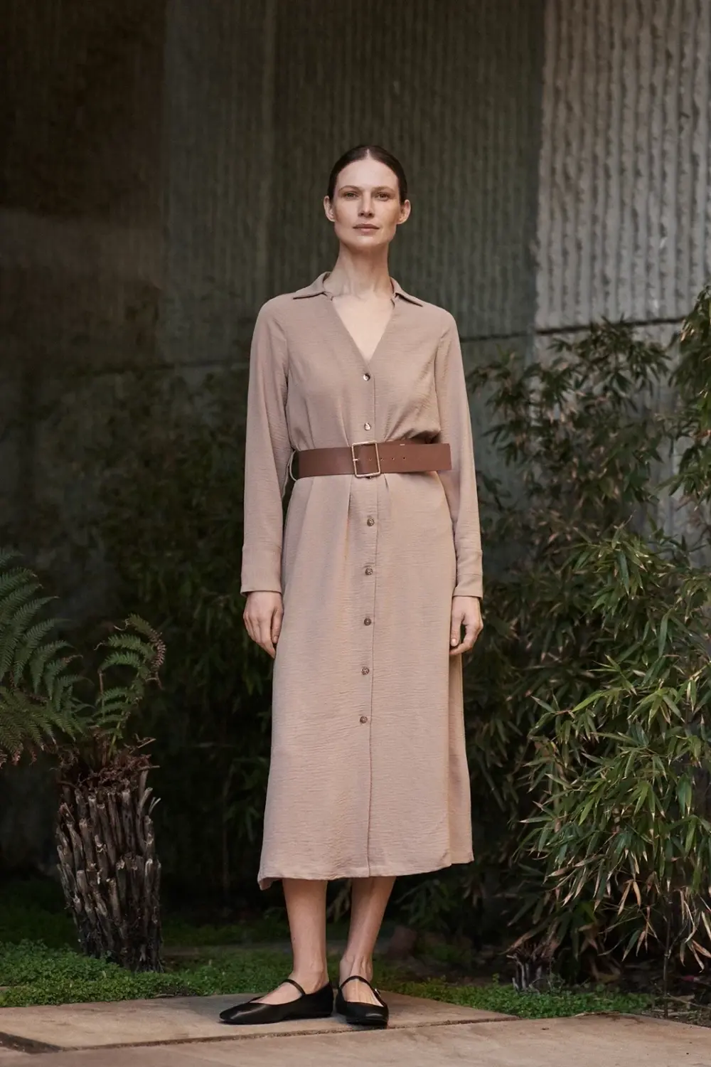 Marisse Beige Midi Dress With A Wide Belt