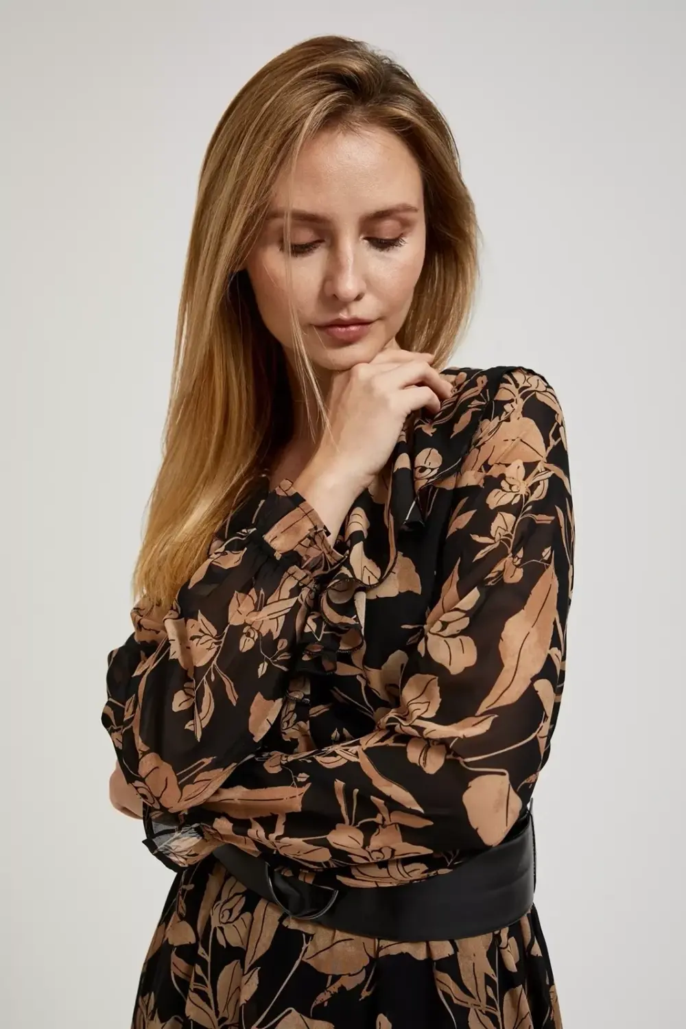 Marisse Black Dress With A Flared Bottom And A Floral Print