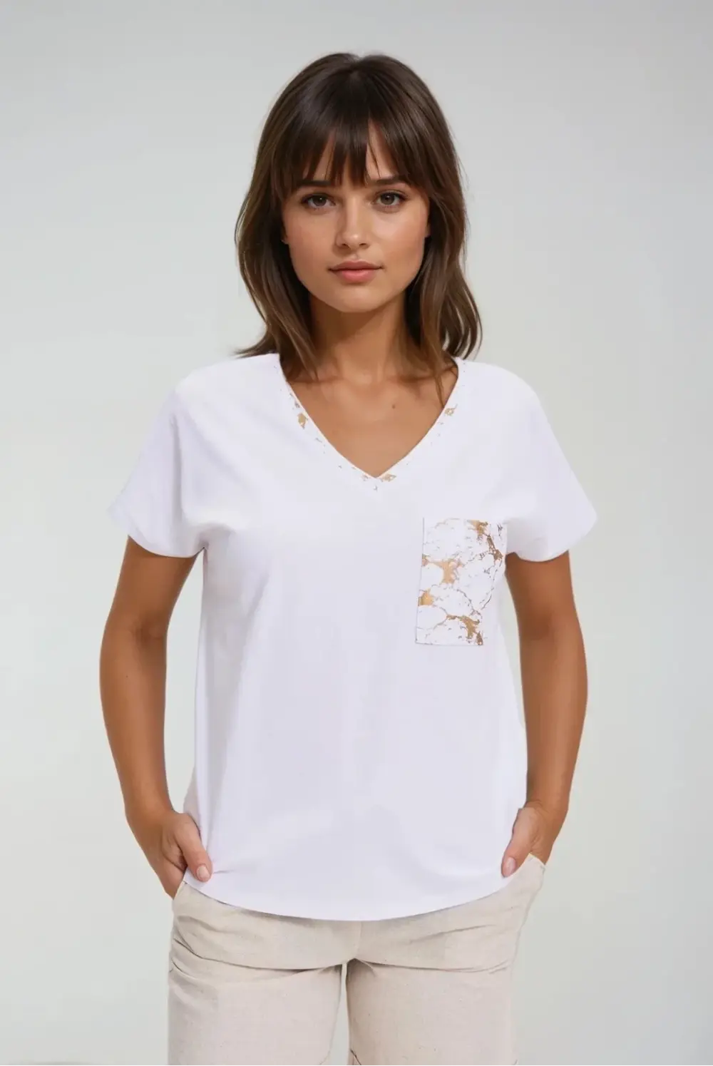 Marisse Cotton T-Shirt With Decorative Pocket, White