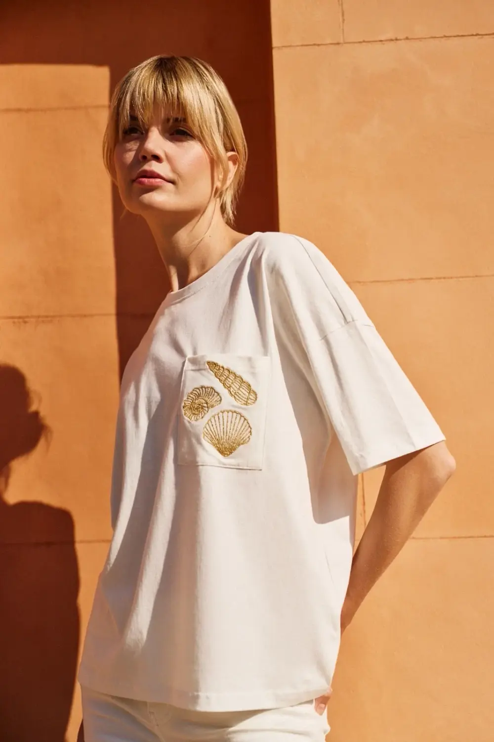 Marisse White T-Shirt With A Hat On The Pocket