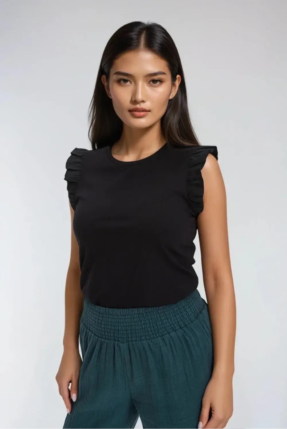 Marisse Black Blouse With Ruffles On The Shoulders
