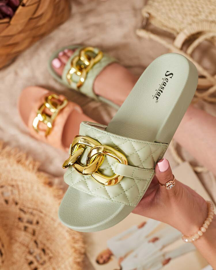 Resti Women's green quilted slippers with a gold chain Eteris - Footwear