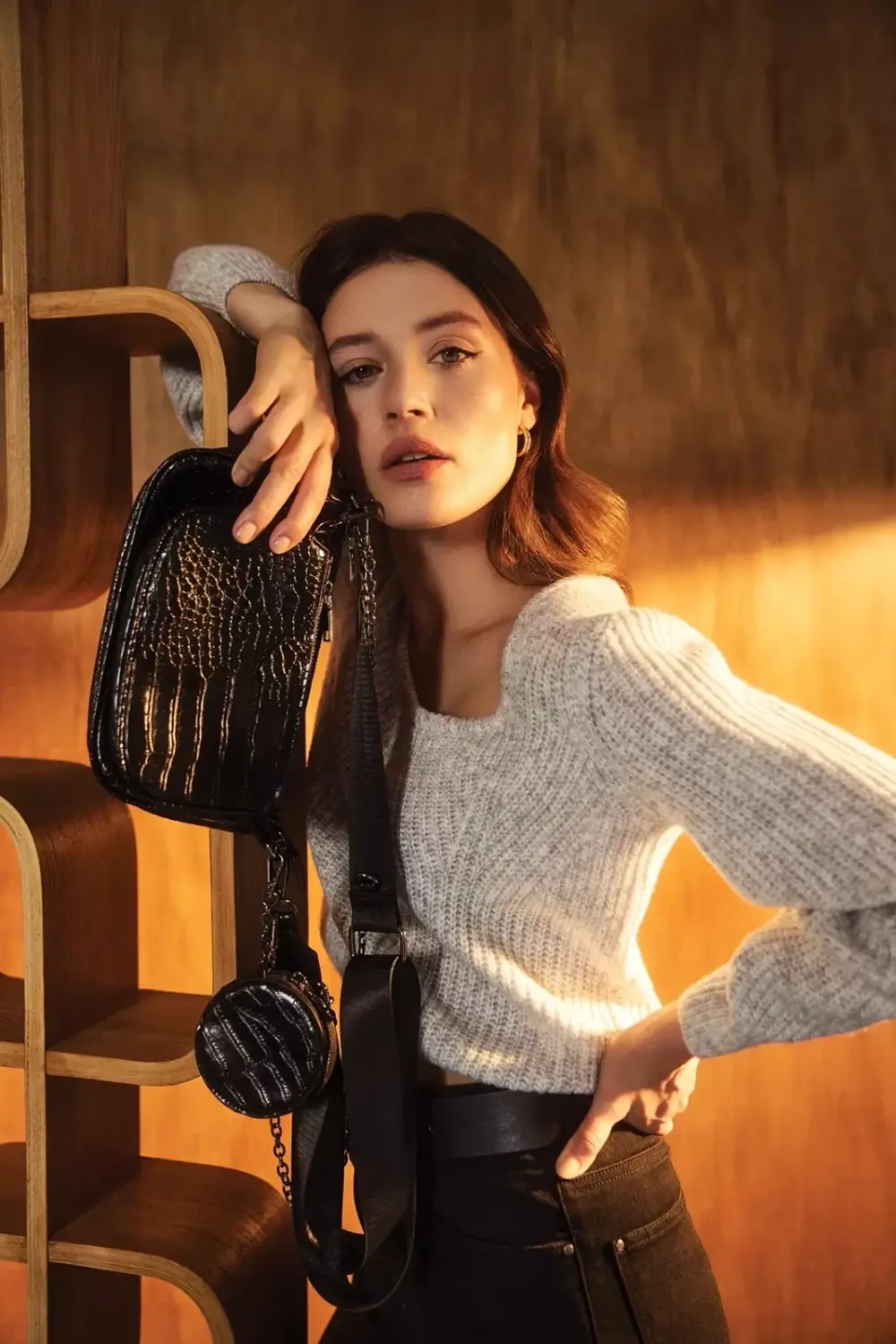 Marisse Imitation Snakeskin Shoulder Bag, Black