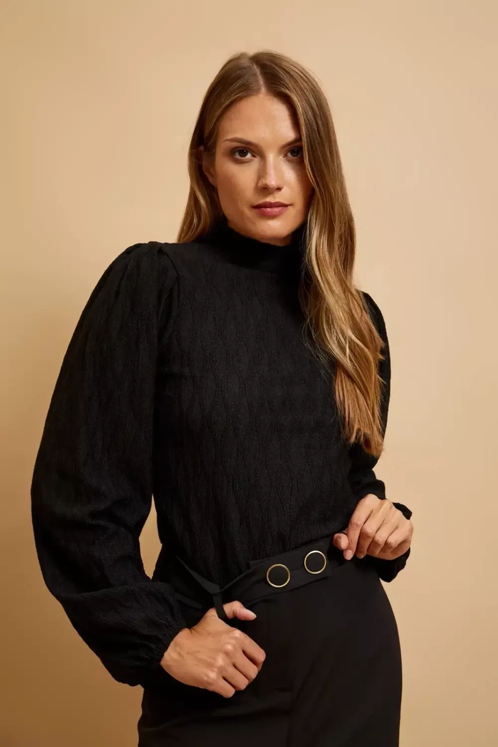 Marisse Black Turtleneck Blouse With Puffed Sleeves