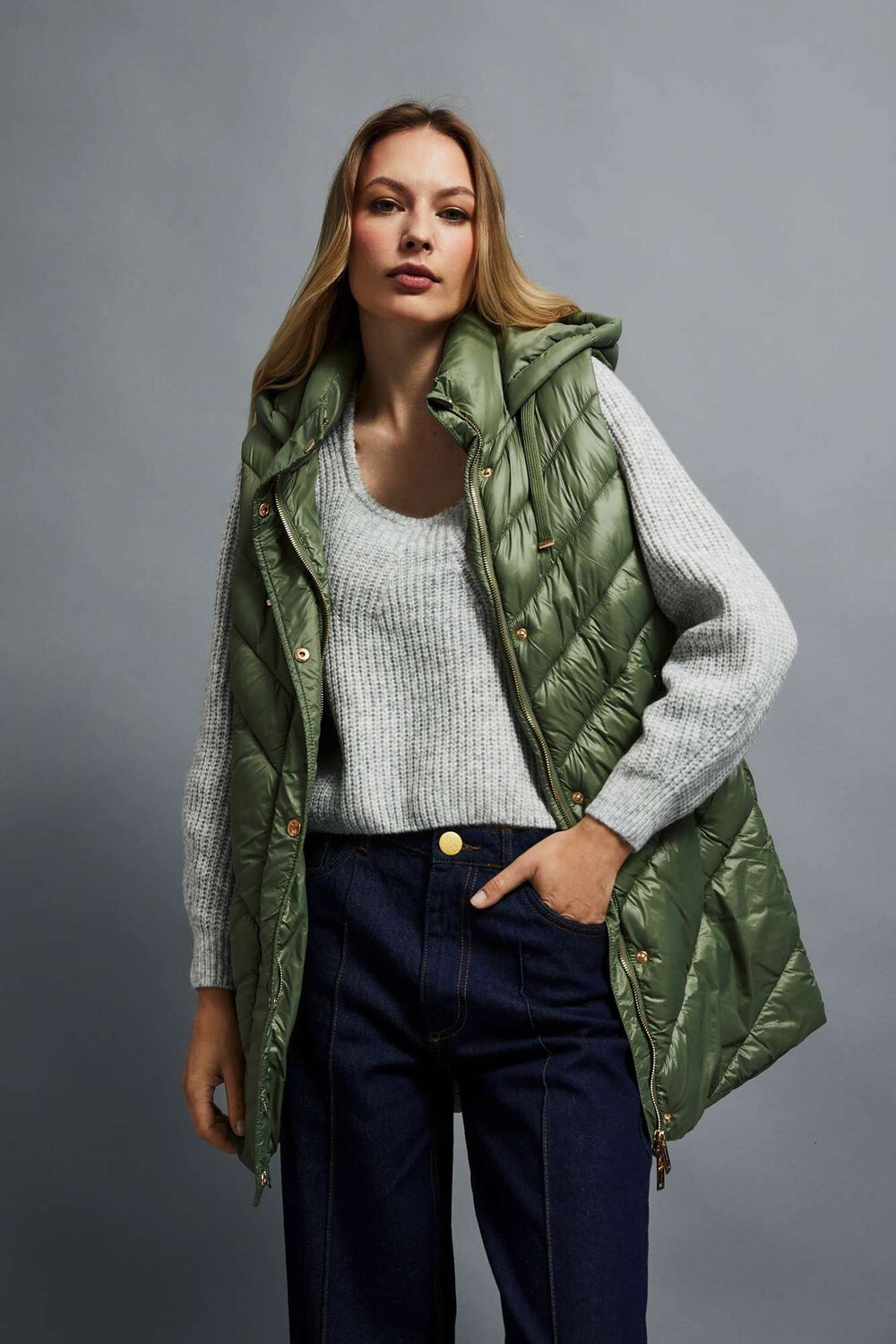 Marisse Quilted Vest With Hood, Olive