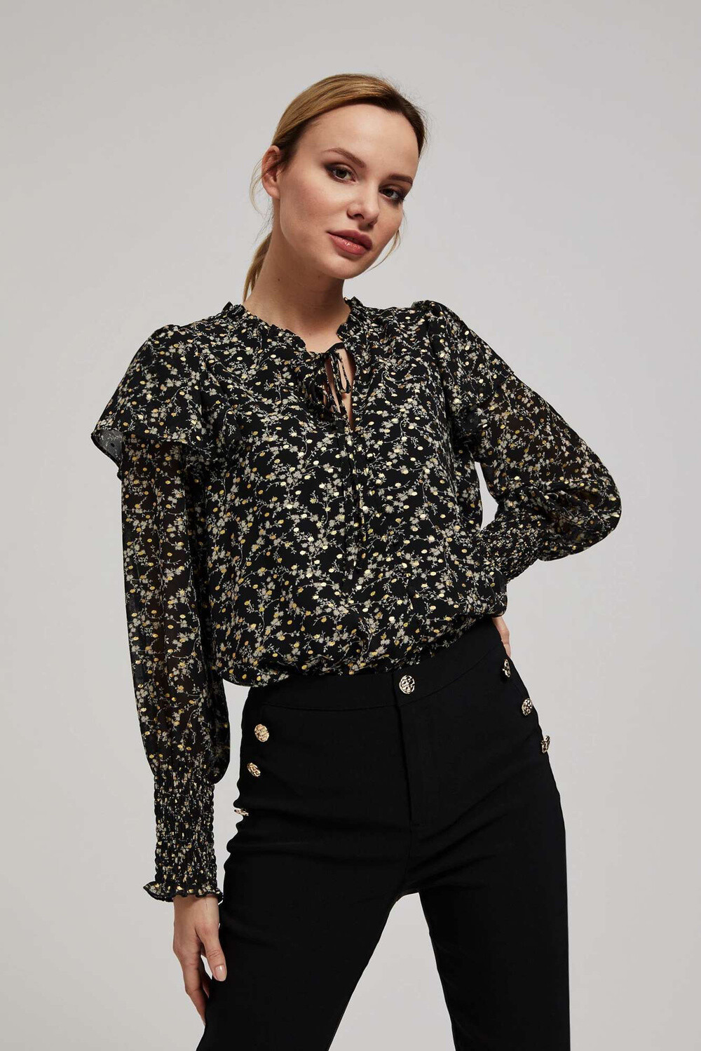 Marisse Patterned Shirt With A Tie At The Neckline, Black