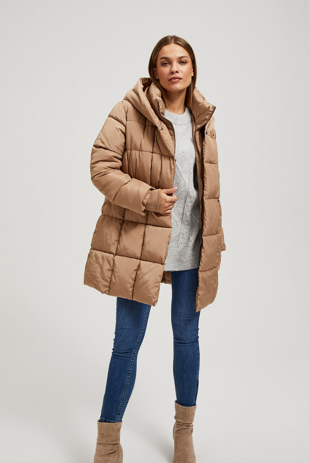 Marisse Quilted Jacket With Hood, Dark Beige