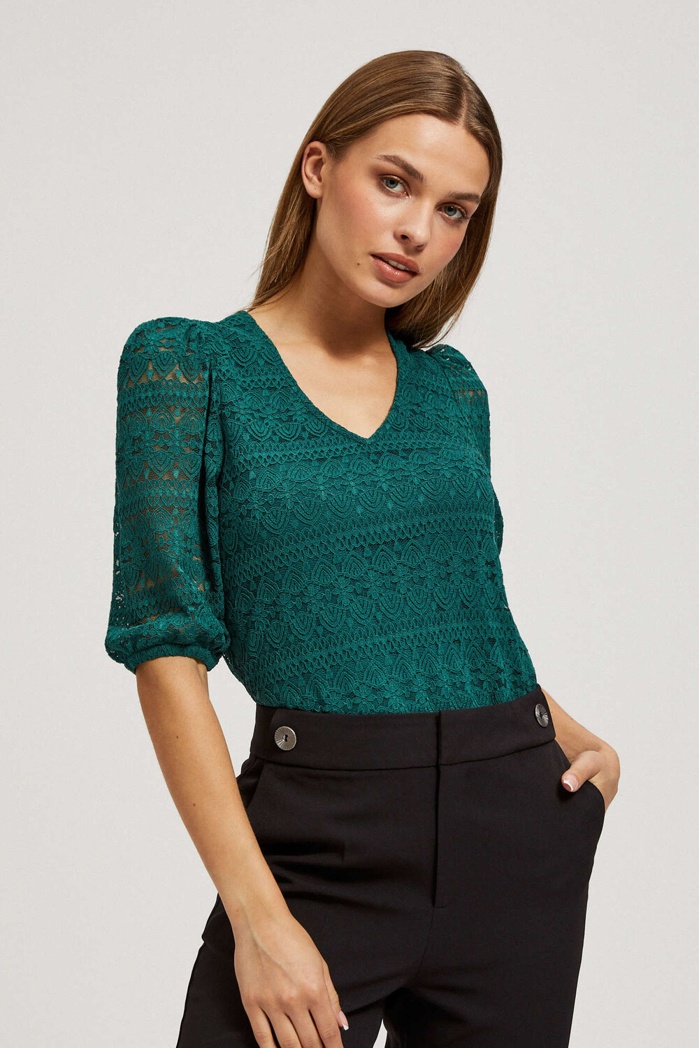 Marisse Emerald Lace Blouse With Puffed Sleeves