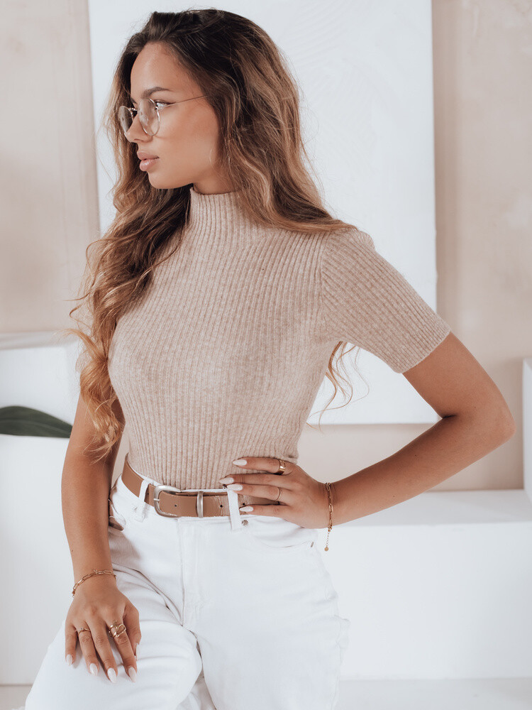 Damski sweter prążkowany z krótkim rękawem GIRLGLORY beżowy Dstreet