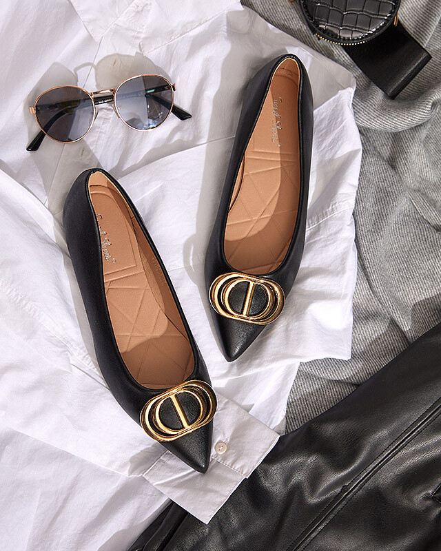 Resti Women's black and gold pointed ballerinas with an ornament on the toe Manico - Footwear