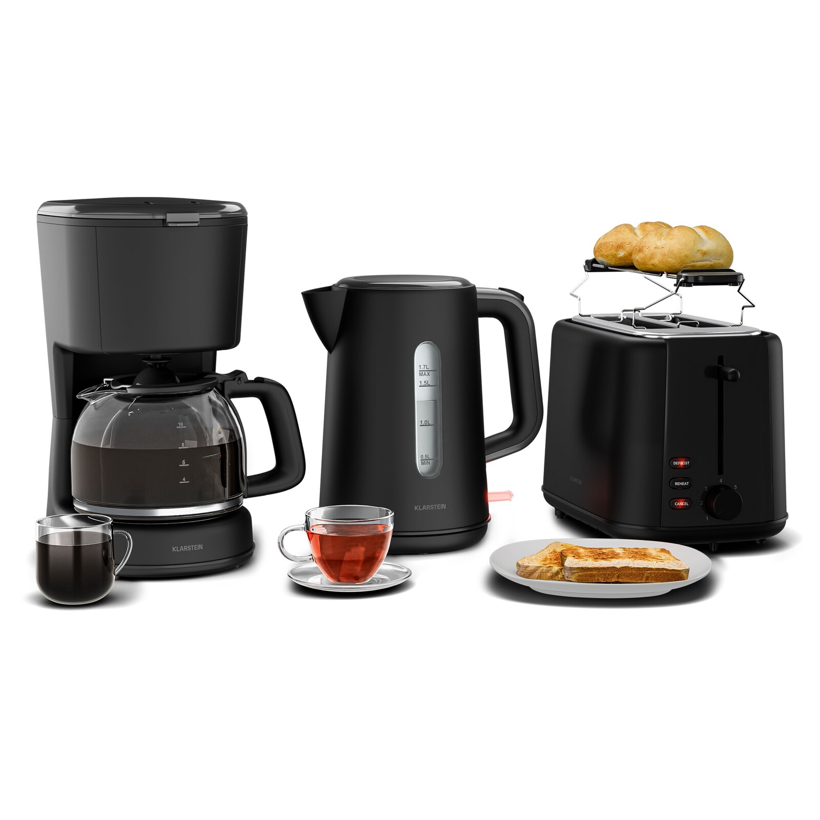 Klarstein Velaire raňajkový set | hriankovač, rýchlovarná kanvica a kávovar | 800 W | 10 šálok | 1,7 l