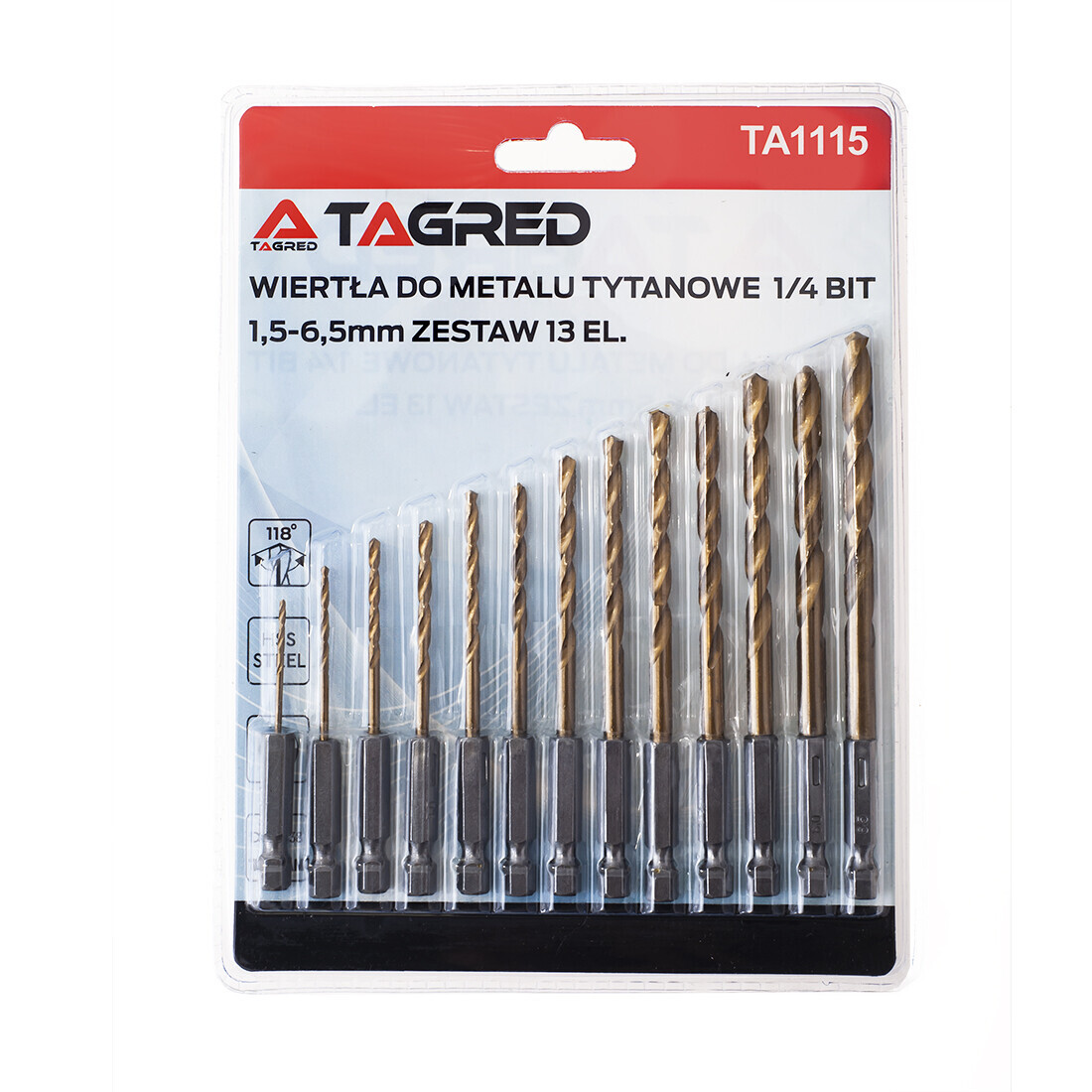 Titanové vrtáky, dvojito brúsené HSS 1,5 - 6,5 mm 13 ks BIT HEX 1/4'' TA1115