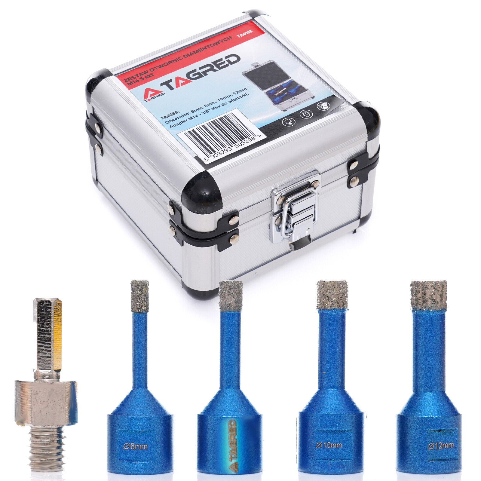 Vrtáky, diamantové korunky na keramiku, kameň, gres, glazúru 6, 8, 10, 12 mm M14, kufrík, adaptér, 5 ks TA4088