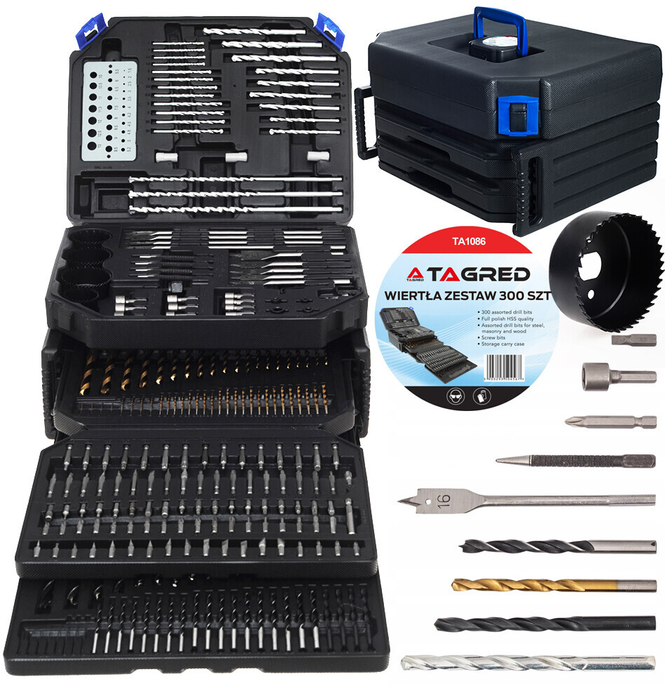 Vrtáky, otvorovacie vrtáky, sekáče, bitové nástavce, univerzálna sada náradia 300-dielna v kufri TA1086