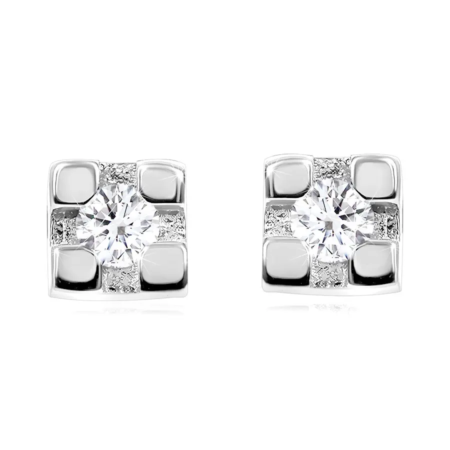 Briliantové náušnice z bieleho 14K zlata - štvorec s okrúhlym diamantom, puzetky