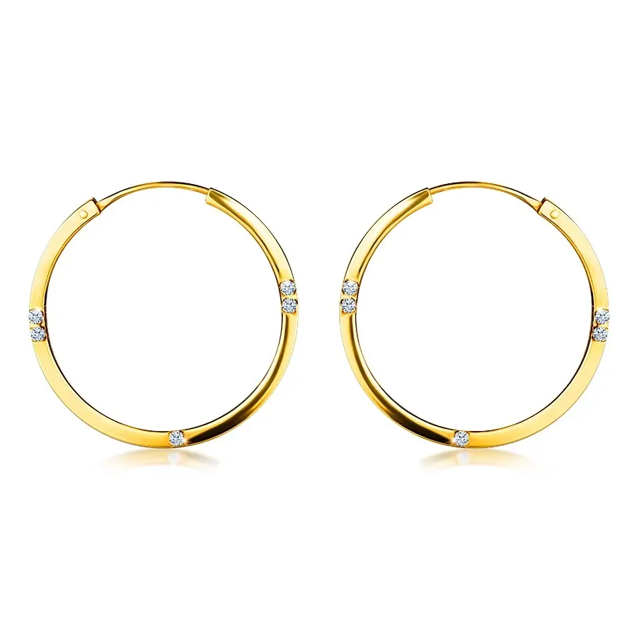 Náušnice zo 14K žltého zlata - kruhy, hranaté ramená, číre zirkóny, 19 mm
