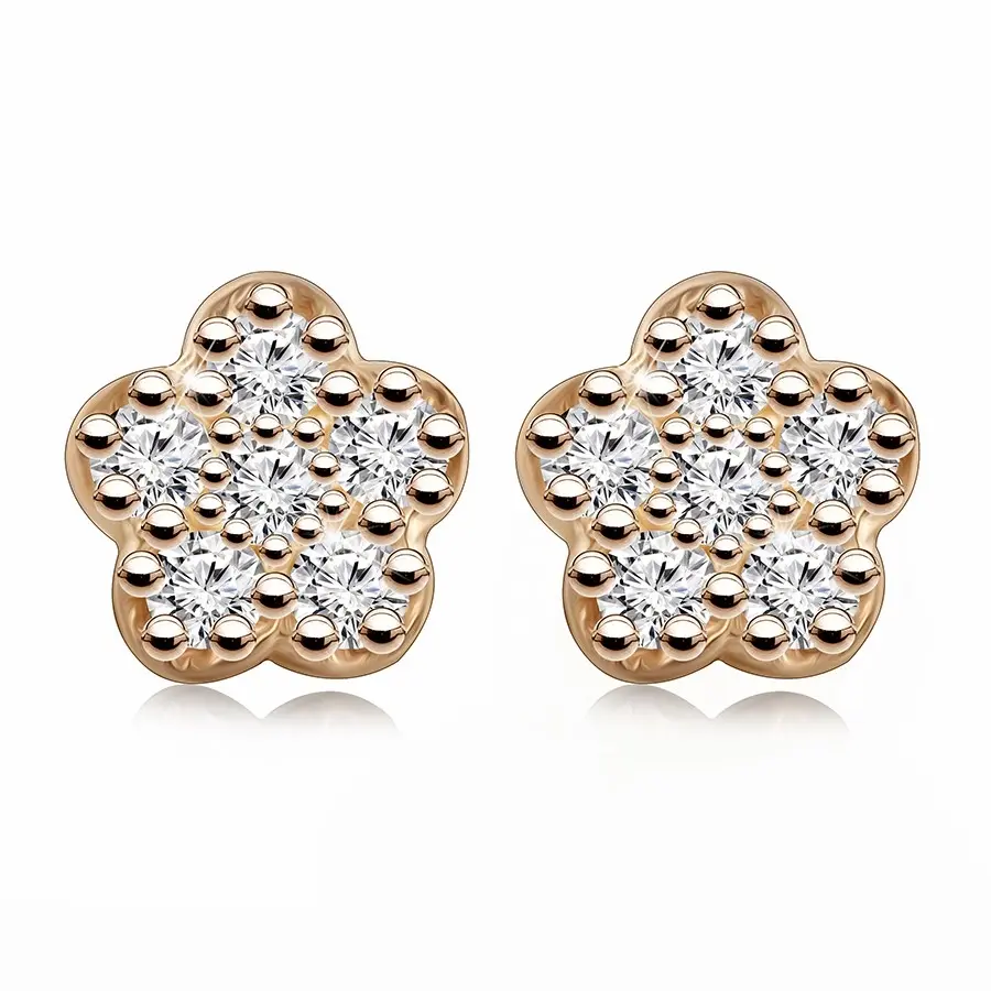 Skrutkovacie náušnice z ružového zlata 585 - motív kvetu, číre zirkóny
