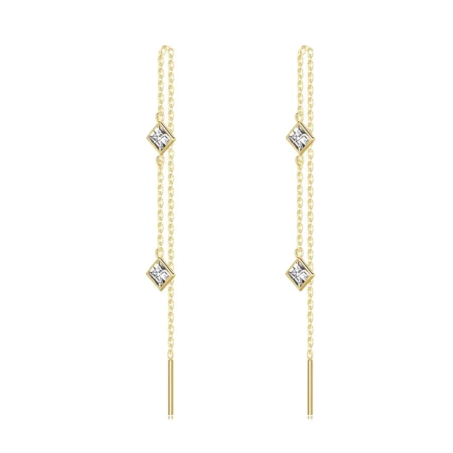Visiace náušnice zo žltého zlata 585 - číre zirkónové kosoštvorce, prevliekacie zapínanie
