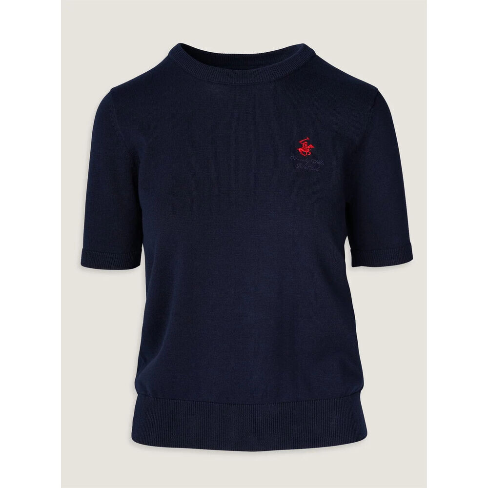 Dámsky sveter so stojačikom tmavomodrý s kontrastným logom 18360