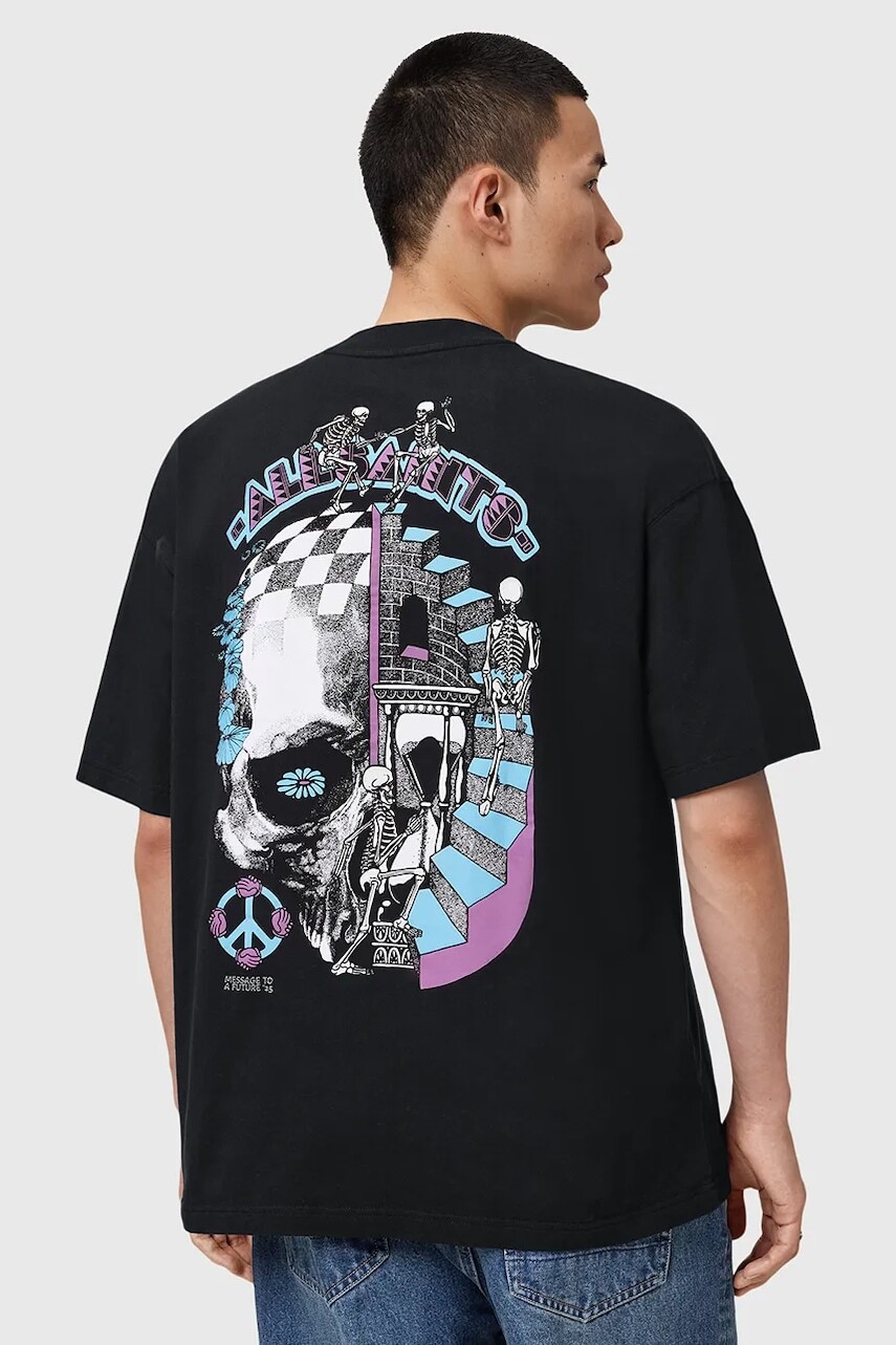 Bavlnené tričko AllSaints REINCARNATE pánske, čierna farba, s potlačou, M020PD