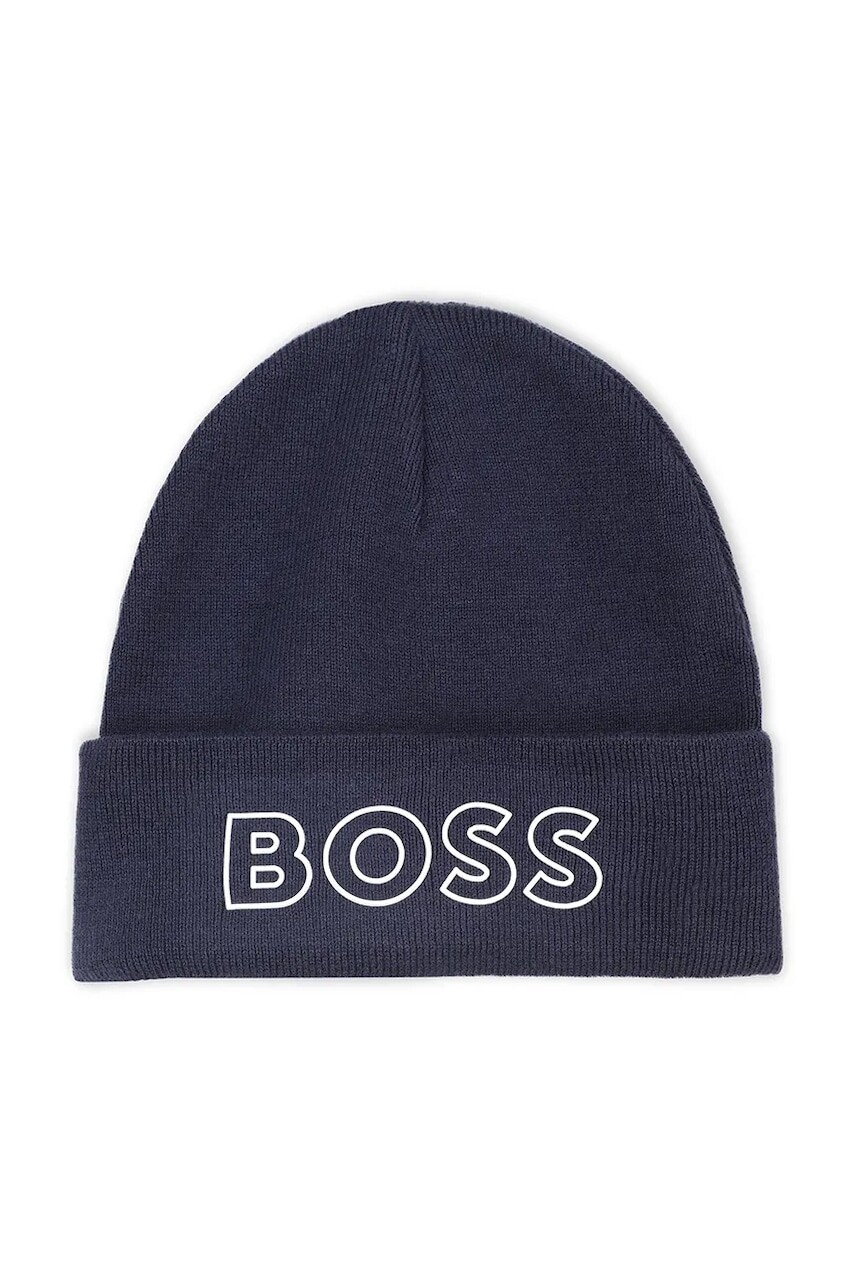 Detská čiapka s prímesou vlny BOSS tmavomodrá farba, J52617