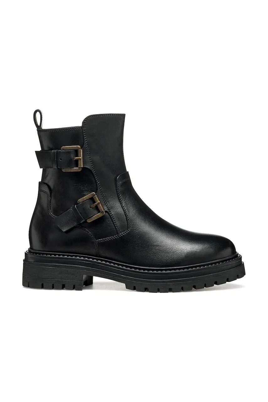 Kožené členkové topánky Geox D IRIDEA čierna farba, na plochom podpätku, D36HRC 00043 C9999