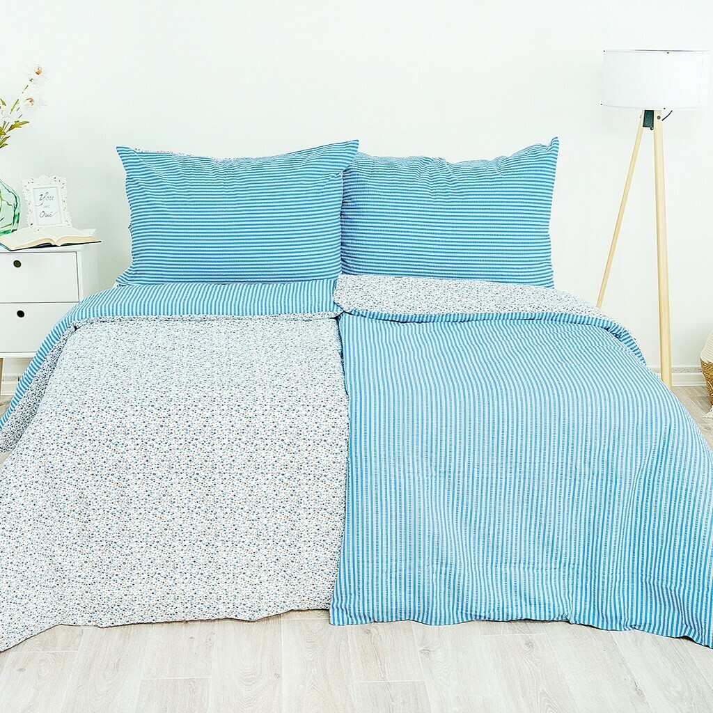 Stanex Bavlnené posteľná bielizeň Kvítek-pruhmodrá, 140 x 220 cm, 70 x 90 cm, 140 x 220 cm, 70 x 90 cm