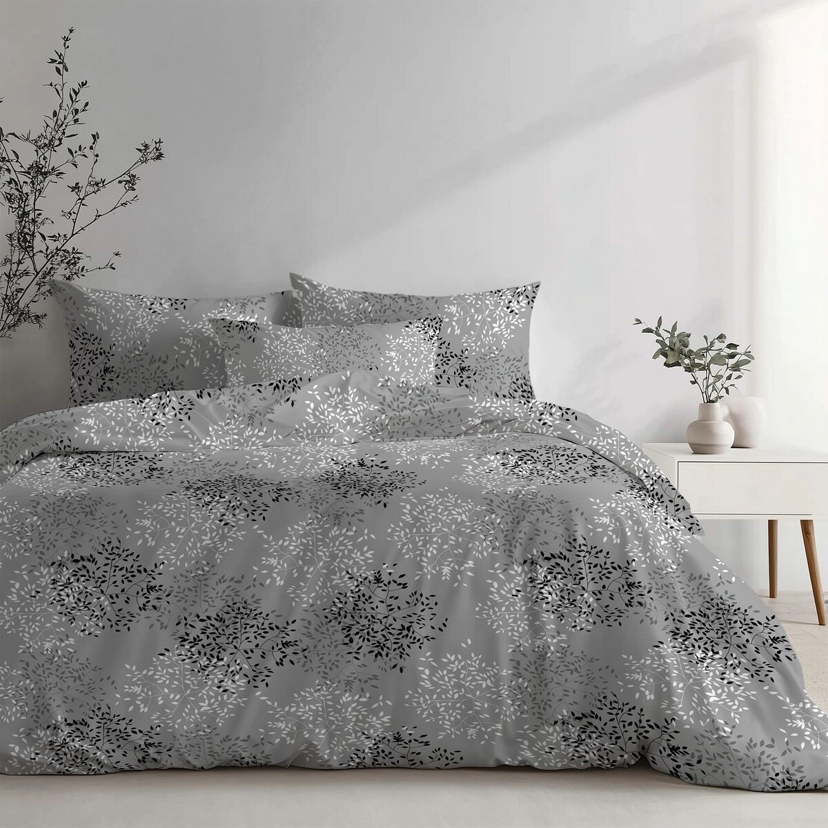 Stanex Bavlnené posteľná bielizeň Větvičky šedá,140 x 220 cm, 70 x 90 cm, 140 x 220 cm, 70 x 90 cm