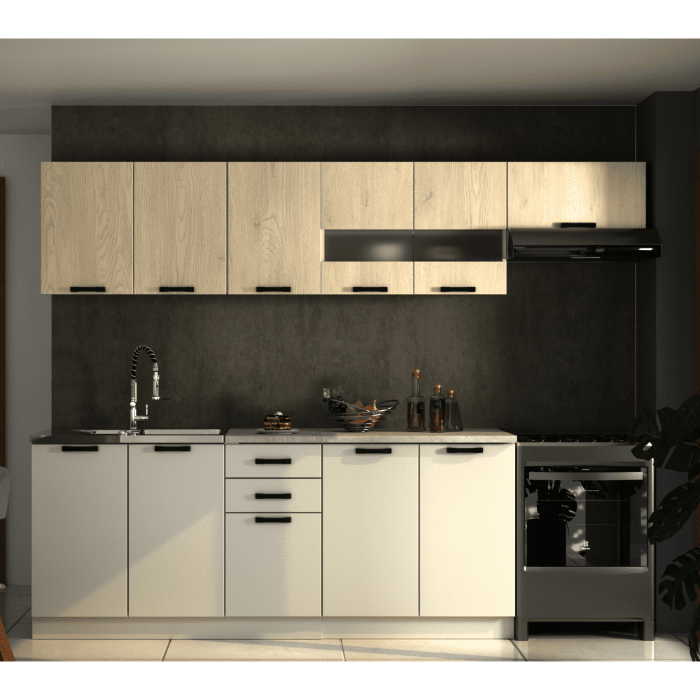 Kuchynská linka, 2,6 m, dub cremona/kašmír/krémová Navona, MONIA