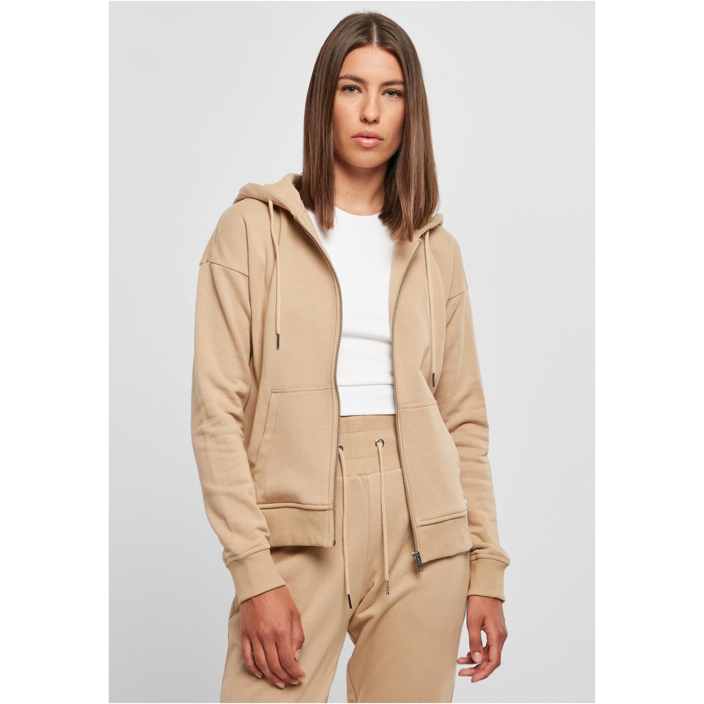 Women's organic terry hoodie with zip in beige color
