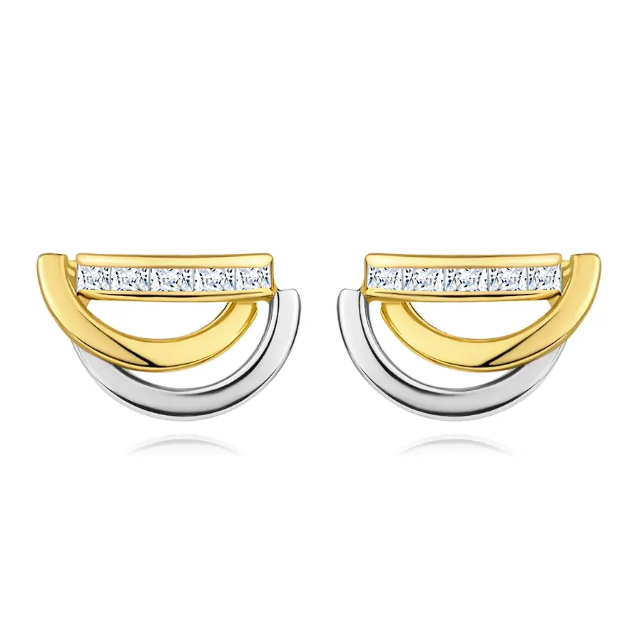 Zlaté náušnice 375 - dvojfarebné oblúčiky, zvislá zirkónová línia