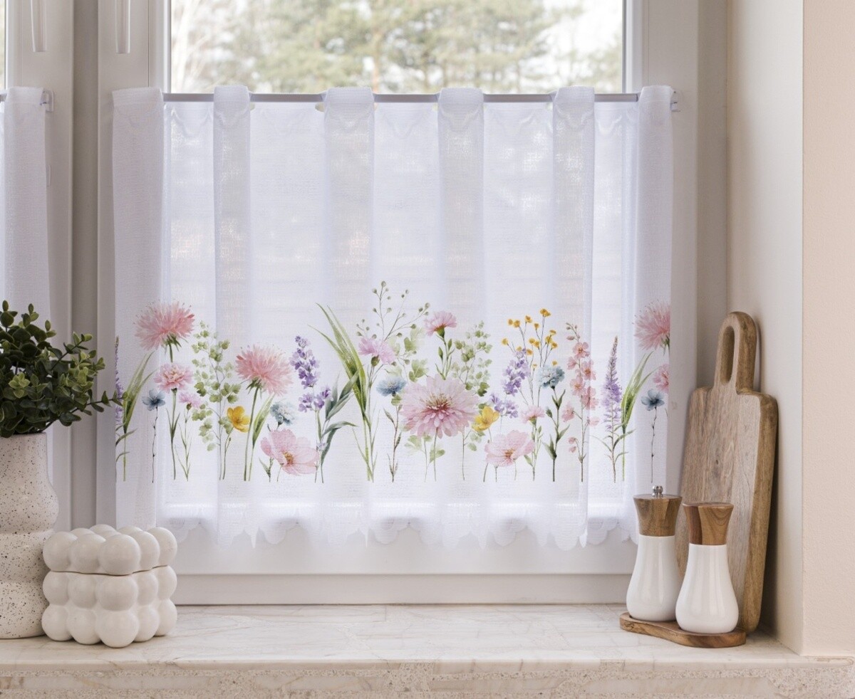 Záclona žakárová, Ružová lúka, biela 50 cm