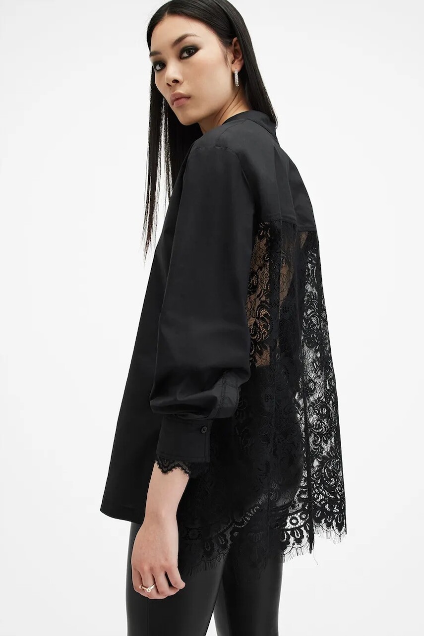Košeľa AllSaints ETHEL LACE dámska, čierna farba, regular, so stojačikom, W085PB