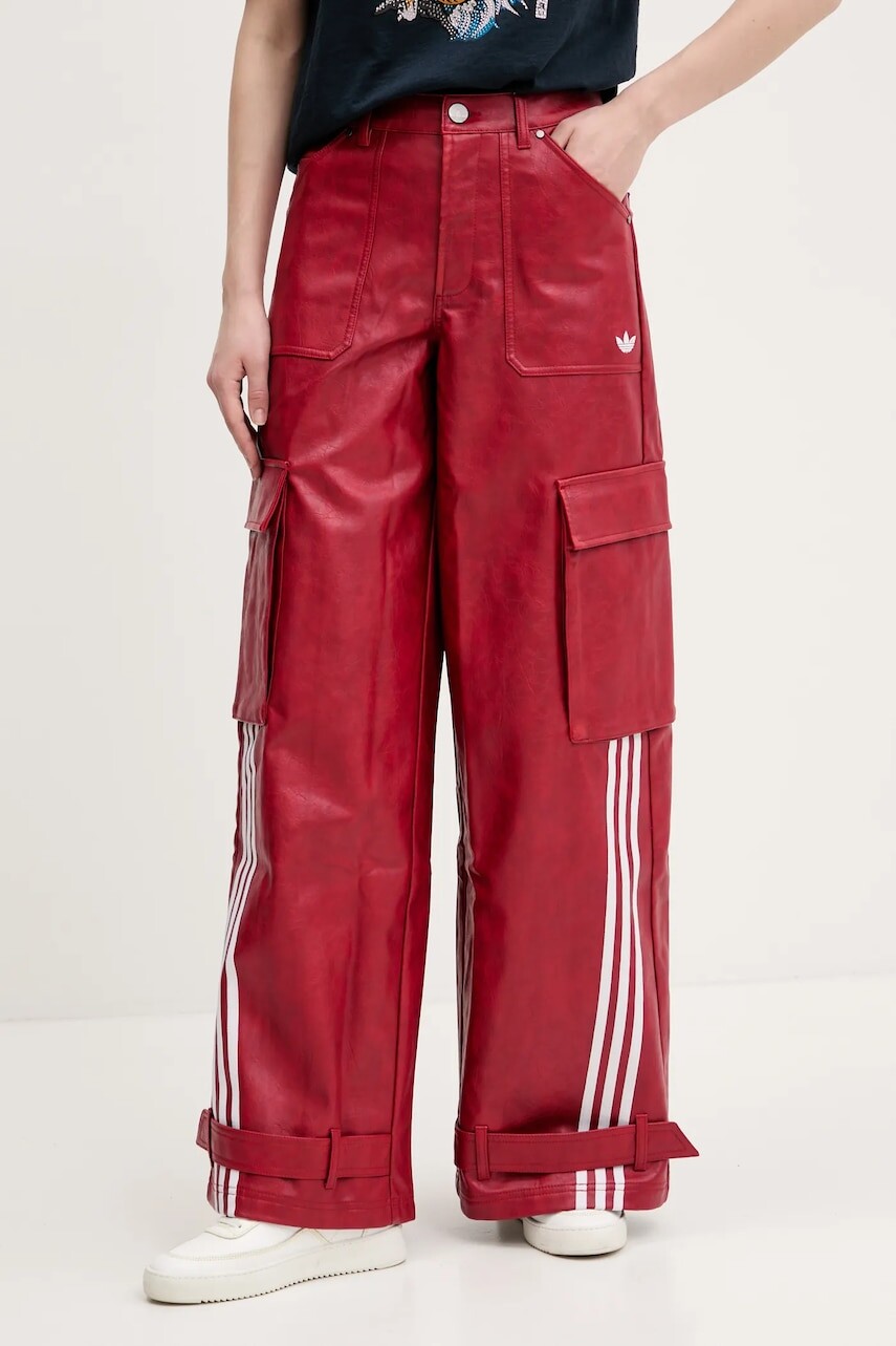 Nohavice adidas Originals FAUX LTHR dámske, červená farba, strih cargo, vysoký pás, JX9227